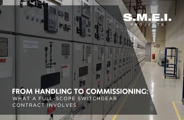 Medium and high voltage switchgear panels installed in an electrical control room, illustrating the full lifecycle from handling and installation through testing and commissioning.